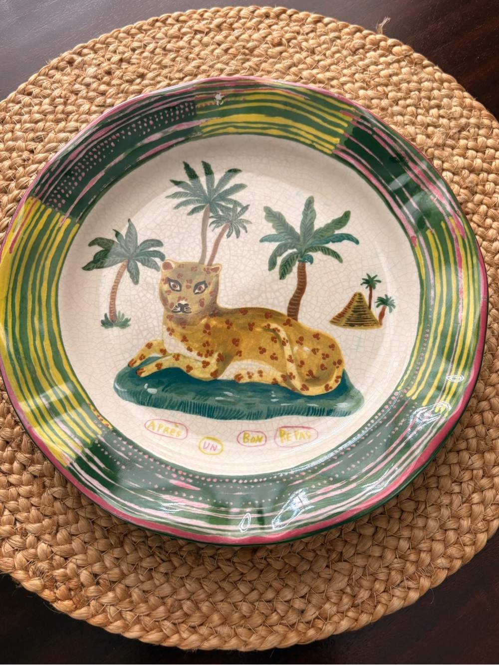 Decorative Leopard Motif Dinner Plate in Green, Yellow & Pink